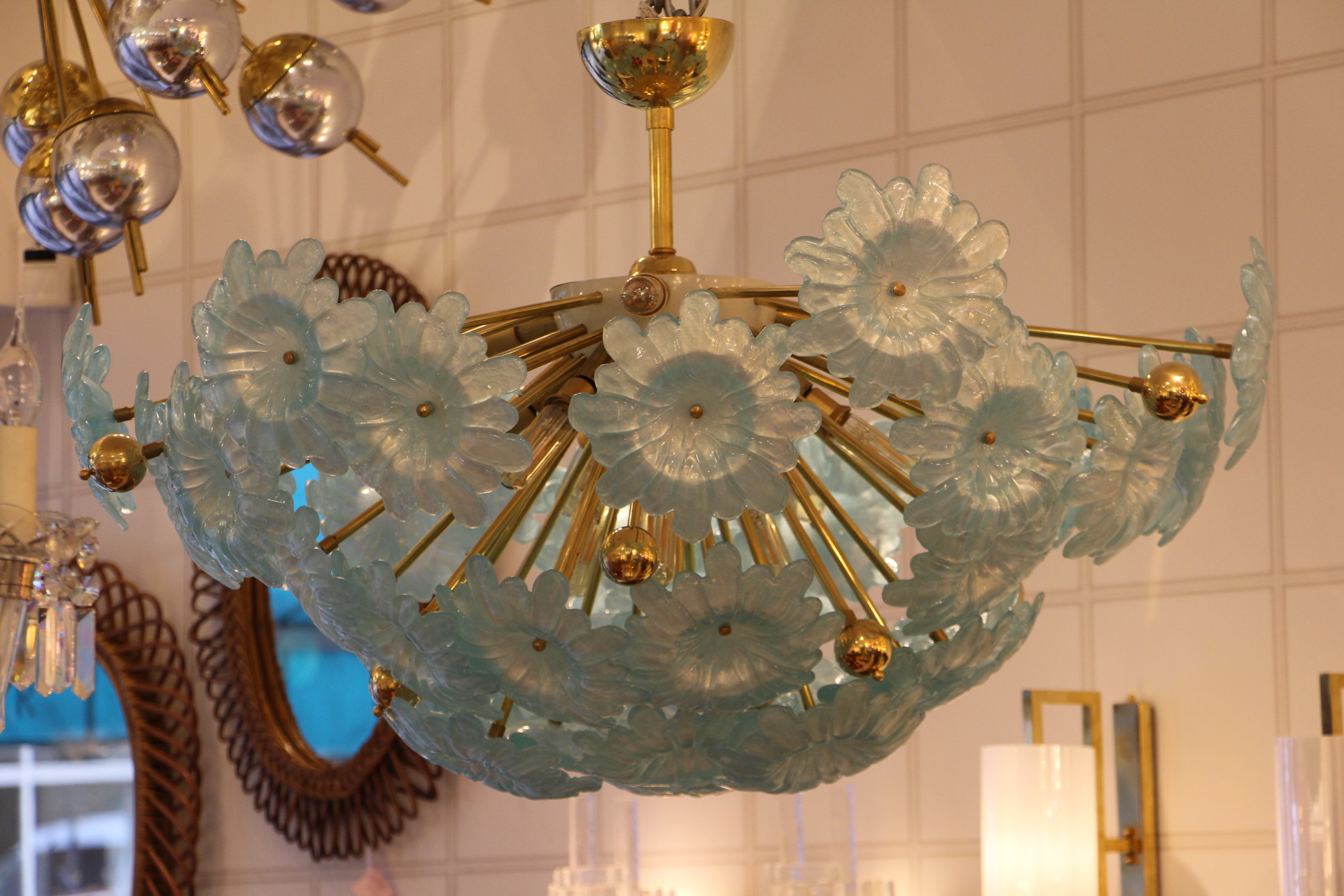 Lustre à fleurs bleues en verre de Murano