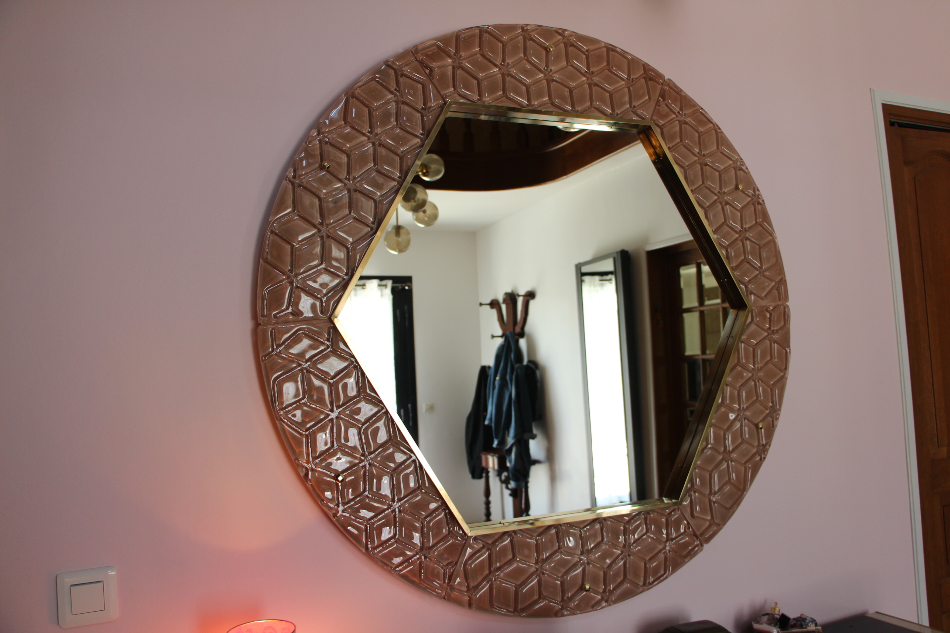 Ancien grand miroir en verre de Murano rose