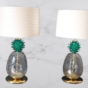 Grande paire de lampes de table à décor d'ananas en verre de Murano vert émeraude