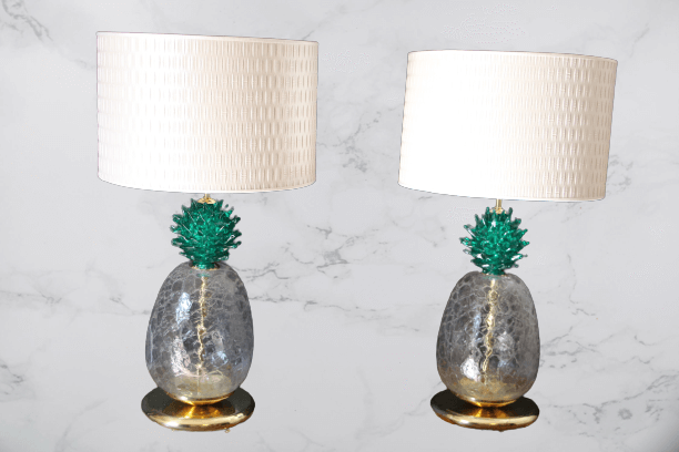Grande paire de lampes de table à décor d'ananas en verre de Murano vert émeraude