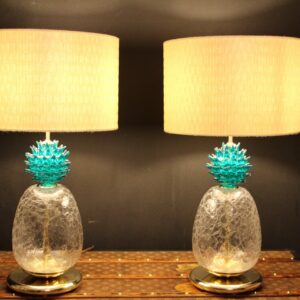 Grande paire de lampes de table à décor d'ananas en verre de Murano vert émeraude