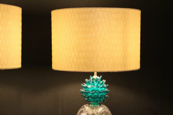 Grande paire de lampes de table à décor d'ananas en verre de Murano vert émeraude