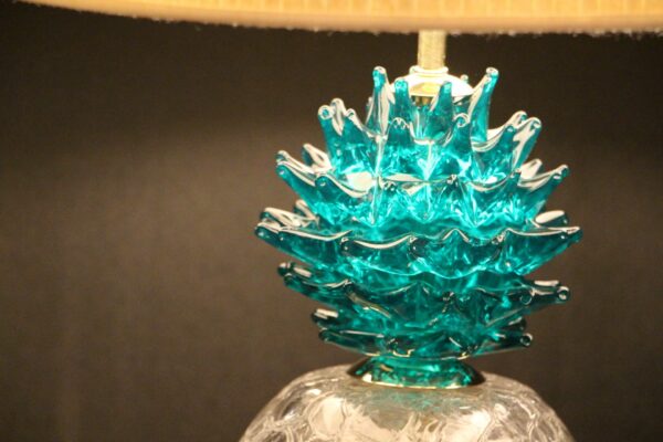 Grande paire de lampes de table à décor d'ananas en verre de Murano vert émeraude