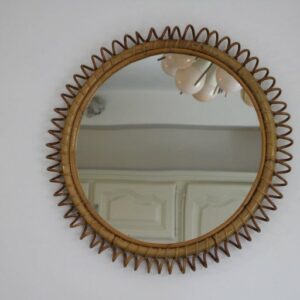 Vintage Miroir Mural Rond en Rotin et Bambou