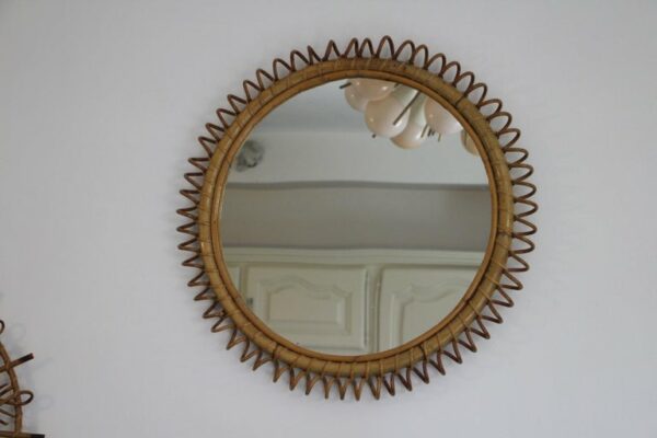 Vintage Miroir Mural Rond en Rotin et Bambou