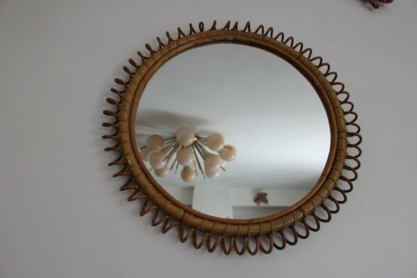 Miroir vintage rond en rotin et bambou par Franco Albini