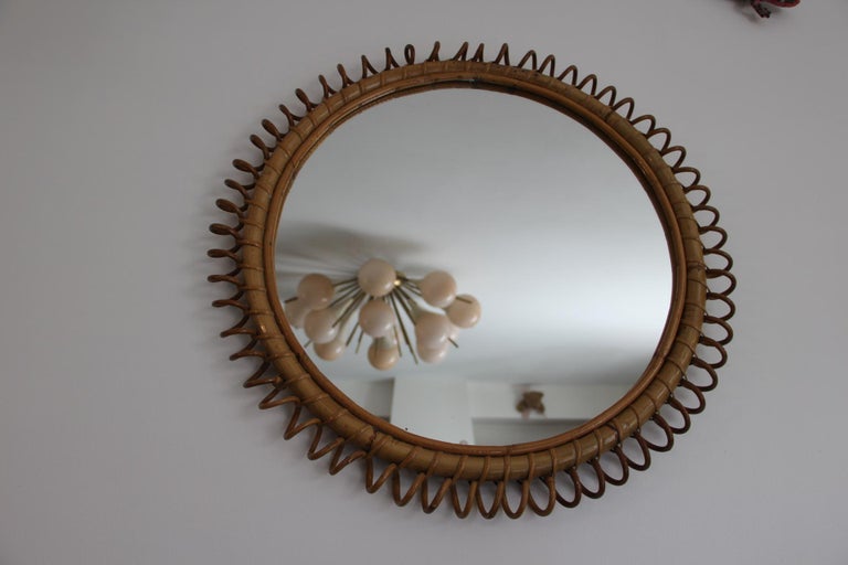 Miroir vintage rond en rotin et bambou par Franco Albini