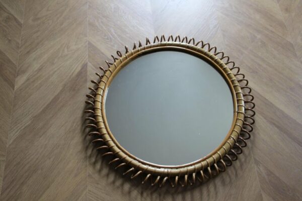 Miroir vintage rond en rotin et bambou par Franco Albini