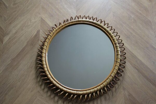 Miroir vintage rond en rotin et bambou par Franco Albini