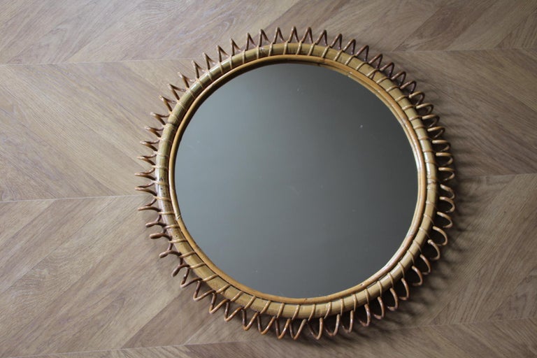 Miroir vintage rond en rotin et bambou par Franco Albini