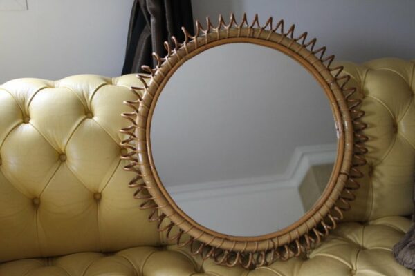Miroir vintage rond en rotin et bambou par Franco Albini