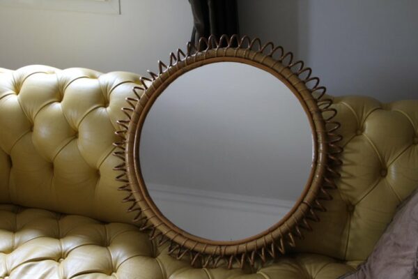 Miroir vintage rond en rotin et bambou par Franco Albini