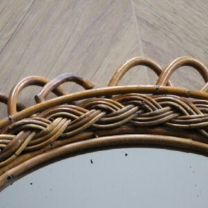 Vintage Miroir Mural Rond en Rotin et Bambou