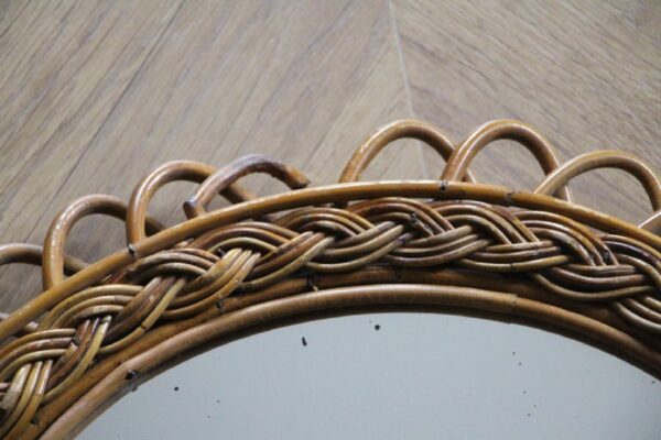 Vintage Miroir Mural Rond en Rotin et Bambou
