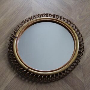 Vintage Miroir Mural Rond en Rotin et Bambou